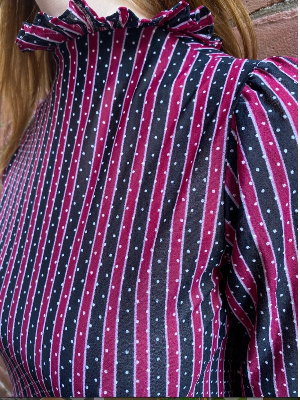 Vintage 1970s Ruffle Collar Polka Dot Striped Floral Dress - Size Medium - Picture 5 of 8